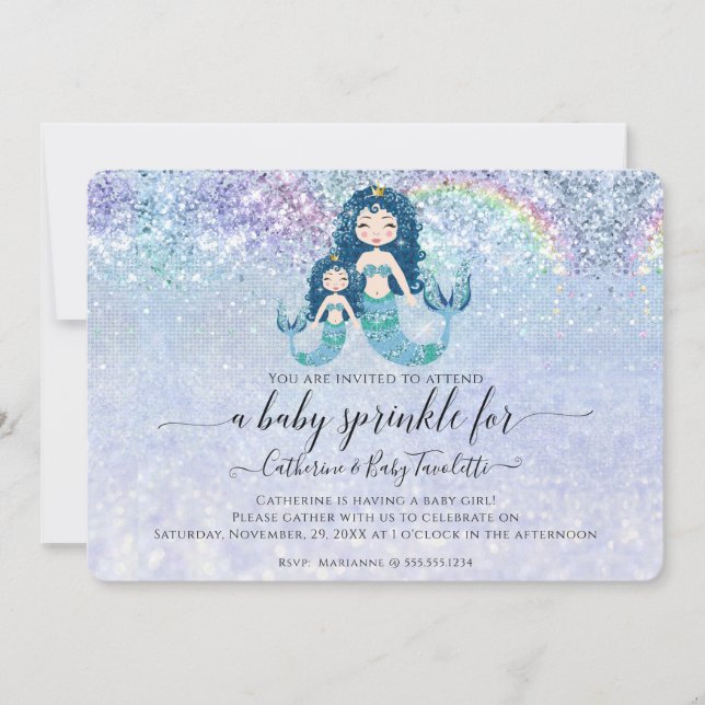 Mermaid Blue Glitzer Rainbow Baby Girl Sprinkle Einladung (Vorderseite)