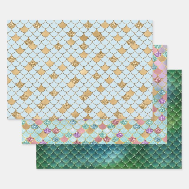 Mermaid Blue Gold Glitzer Sparkasse Geschenkpapier Set (Set)