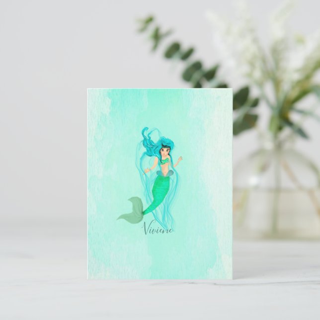 Mermaid Blue Green Schwanz Personal Postkarte (Stehend Vorderseite)
