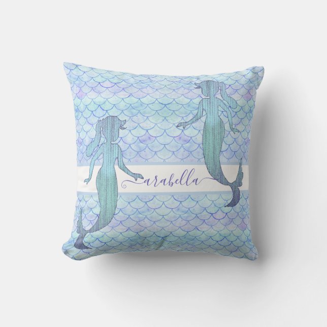 Mermaid Blue Lila Watercolor Fantasiebezeichnung Kissen (Vorderseite)