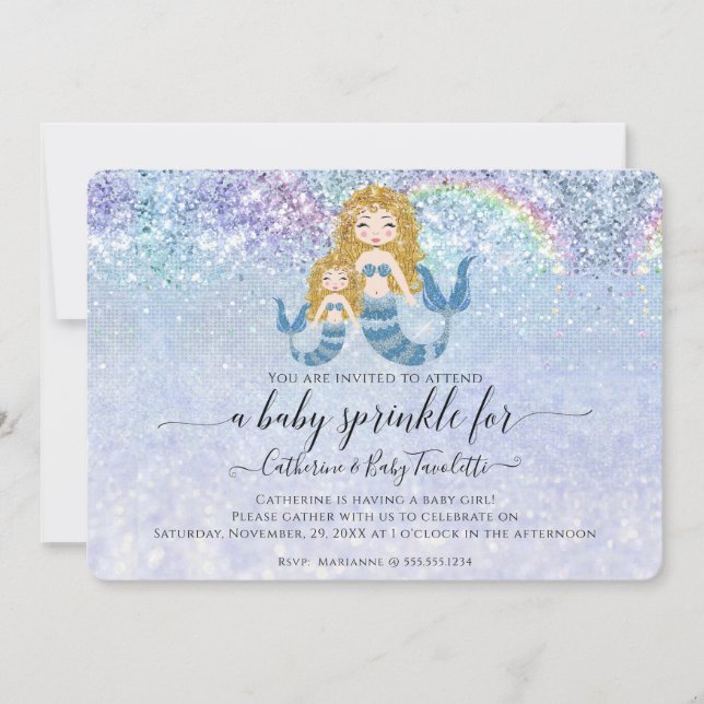 Mermaid Blue Rainbow Blond Baby Girl Sprinkle Einladung (Vorderseite)
