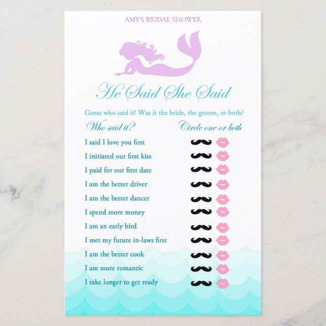 Mermaid Brautparty Game, sagte er (Vorderseite)