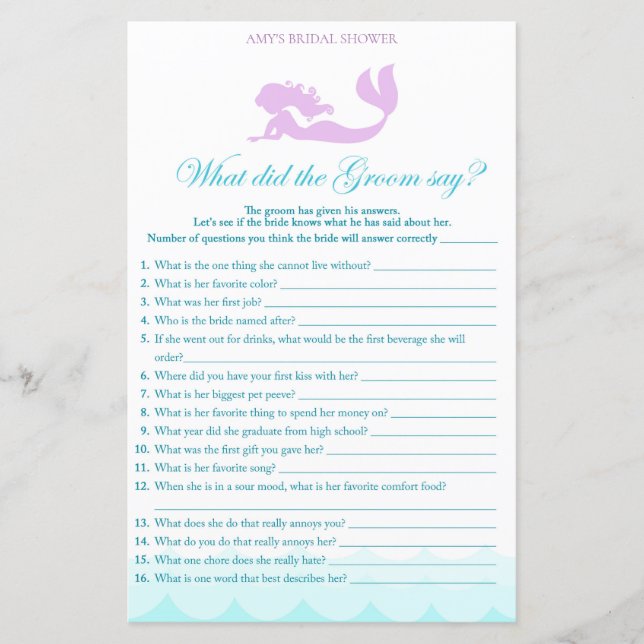 Mermaid Brautparty Game - Was hat Groom gesagt? (Vorderseite)