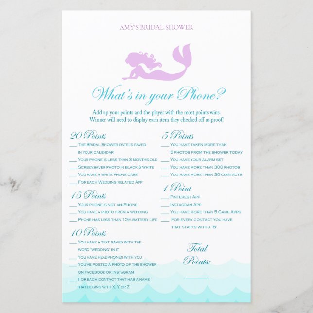 Mermaid Brautparty Game - Was ist in deinem Handy? (Vorderseite)