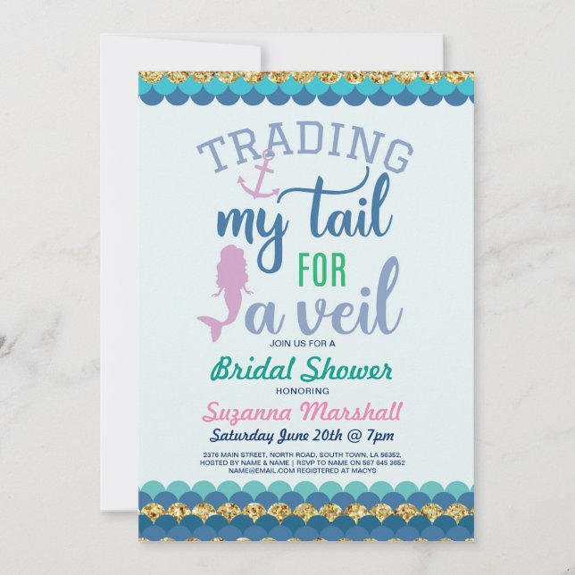 Mermaid Brautparty Invite Gold Glitzer Sea Einladung (Vorderseite)