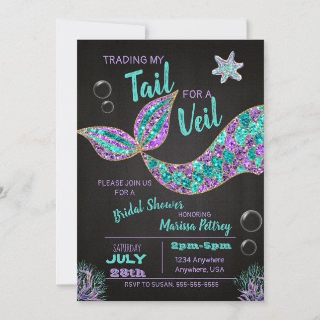 Mermaid Bridal Dusche Einladung, Glitzer Kreide Einladung (Vorderseite)