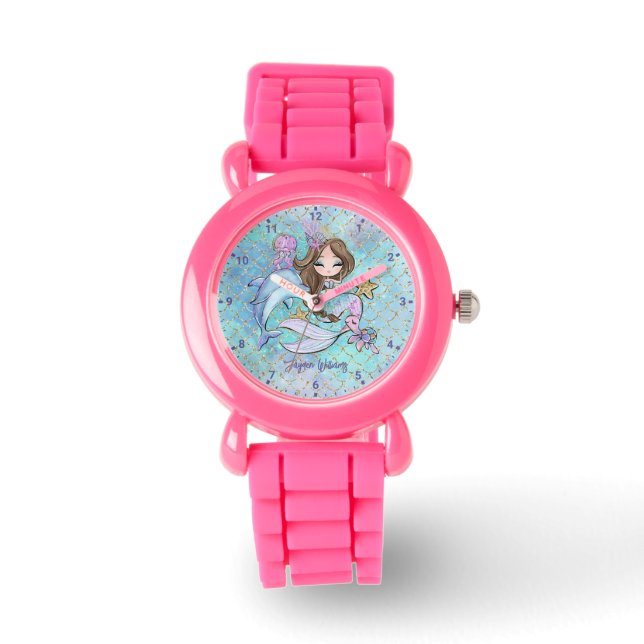 Mermaid Brown Hair Personalisiert Girl Armbanduhr (Vorderseite)