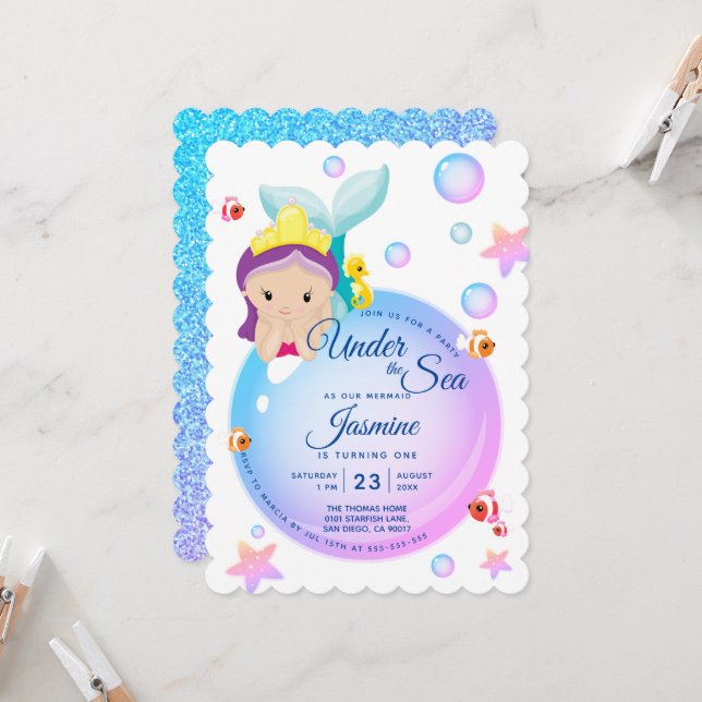Mermaid Bubble Glitzer Lila Aquamarin Baby Birthda Einladung (Vorderseite/Rückseite Beispiel)