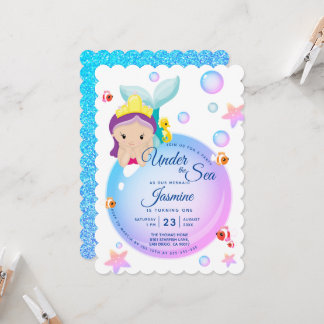 Mermaid Bubble Glitzer Lila Aquamarin Baby Birthda Einladung