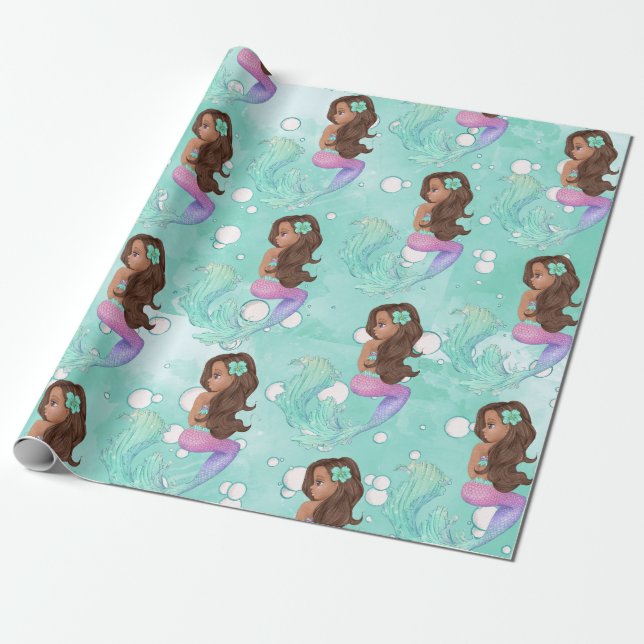 Mermaid Bubbles Blue Pink Dark Hair Geschenkpapier (Ungerollt)