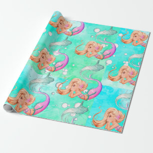 Mermaid Bubbles Bright Blue Gift Geschenkpapier