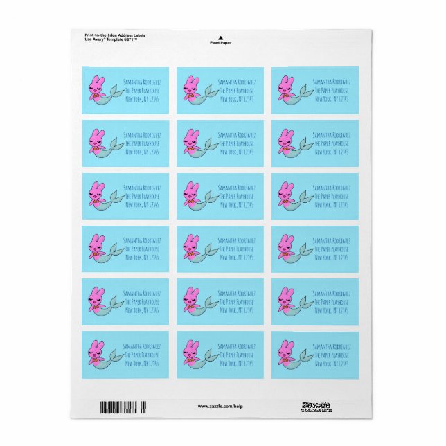 Mermaid Bunny Étiquettes de adresse (Feuille entière)