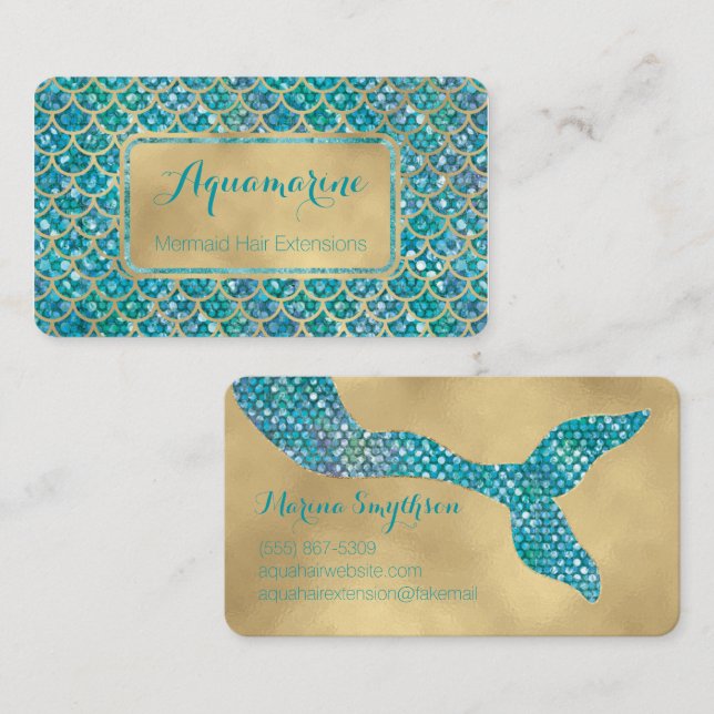 Mermaid Business Cards Aquamarin und Gold-Sequenze Visitenkarte (Vorne/Hinten)