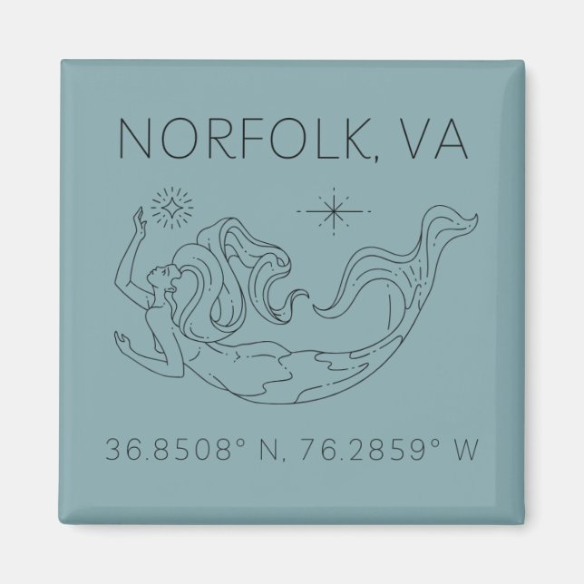 Mermaid Button Magnet - Koordinaten von Norfolk VA (Vorne)