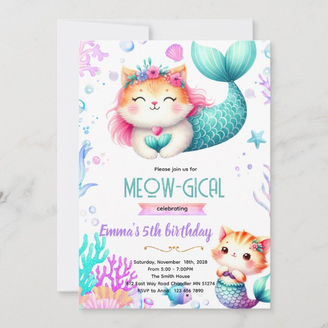 Mermaid cat party theme invitation (Devant)