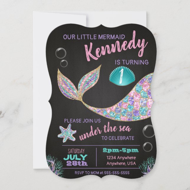 Mermaid Chalkboard Geburtstagseinladung, Glitzer Einladung (Vorderseite)