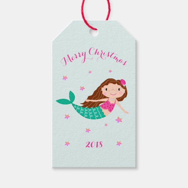 Mermaid Christmas Pink Aquamarin Personalisiert Geschenkanhänger (Vorderseite)