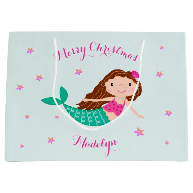 Mermaid Christmas Pink Aquamarin Personalisiert Große Geschenktüte (Vorderseite)