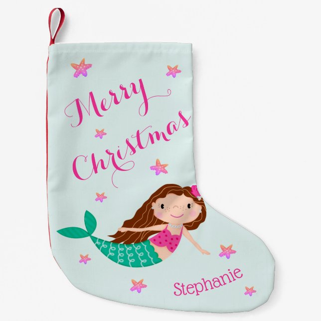 Mermaid Christmas Pink Aquamarin Personalisiert Kleiner Weihnachtsstrumpf (Vorderseite)