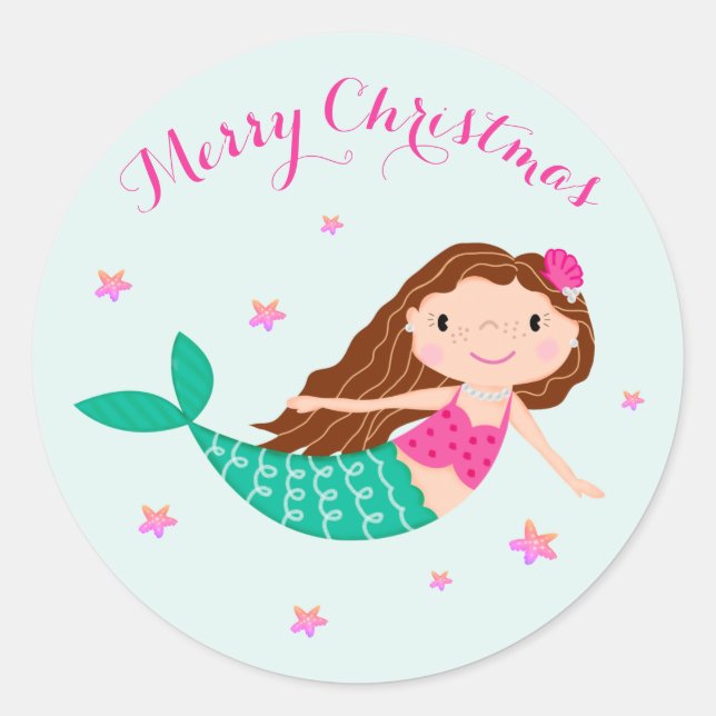 Mermaid Christmas Pink Aquamarin Runder Aufkleber (Vorderseite)