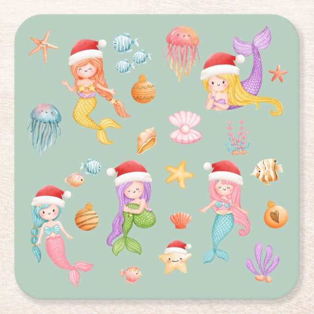 Mermaid Christmas Rechteckiger Pappuntersetzer (Vorderseite)