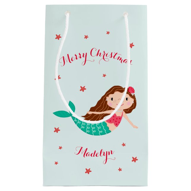 Mermaid Christmas Red Aqua Personalisiert Kleine Geschenktüte (Vorderseite)