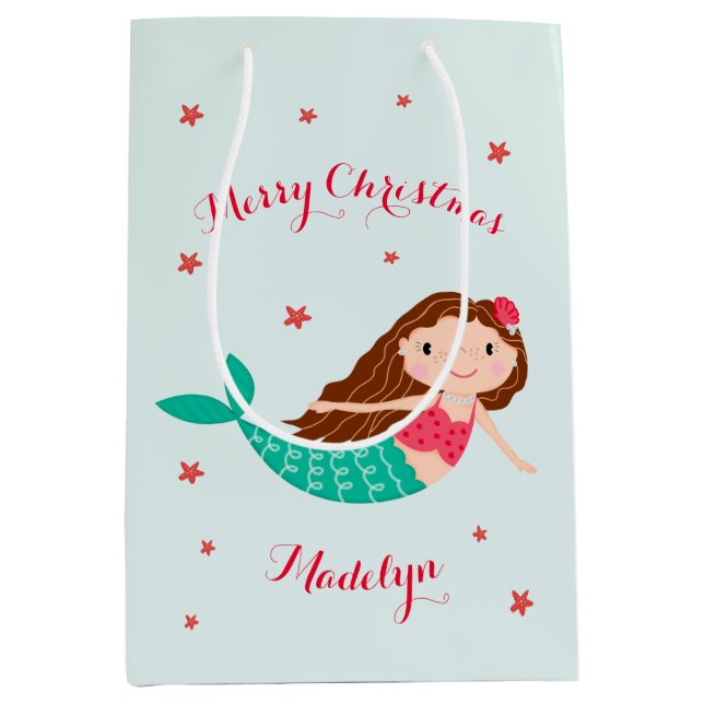 Mermaid Christmas Red Aqua Personalisiert Mittlere Geschenktüte (Vorderseite)