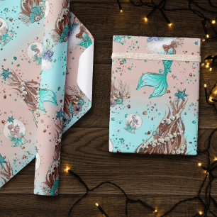 Mermaid Christmas   Strümpfe und Bäume Aquamarin P Geschenkpapier