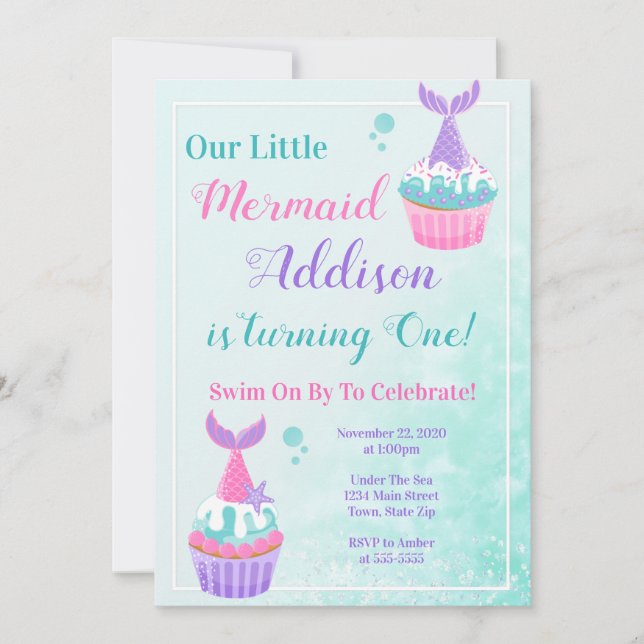 Mermaid Cupcake Birthday Einladung Mermaid Party (Vorderseite)