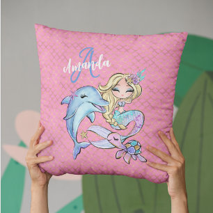 Mermaid Custom Pink Gold Monogram Girl Bedroom Kissen