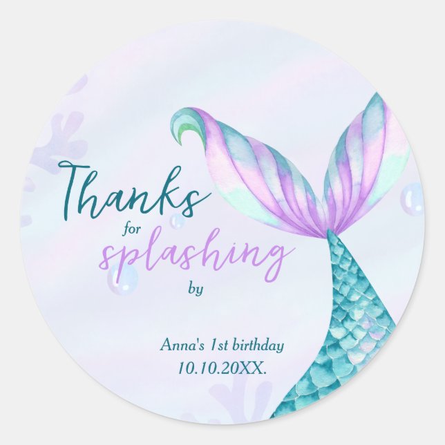 Mermaid Danke für Splashing von Birthday Runder Aufkleber (Vorderseite)