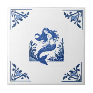 Mermaid Delft Blue und White Floral Corners Fliese