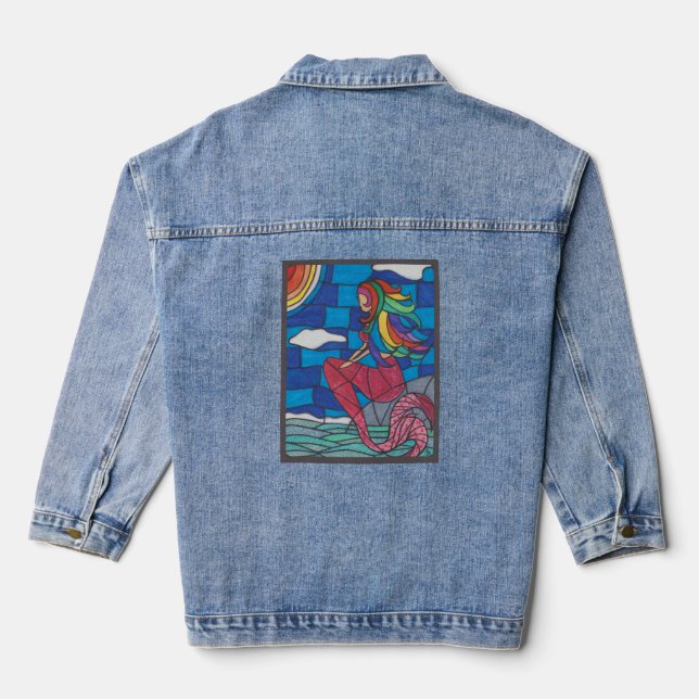 Mermaid Denim Jacket Stained Glass Style Artwork Jeansjacke (Rückseite)