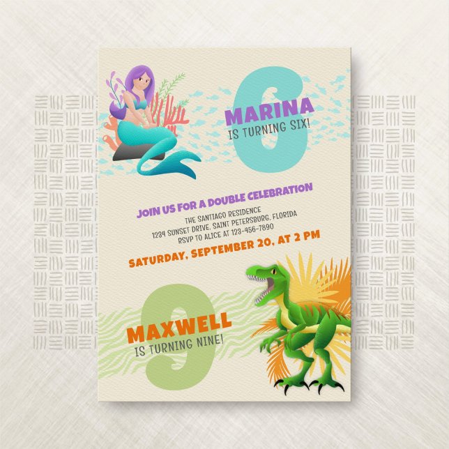 Mermaid Dinosaur Joint Double Birthday Einladung (Von Creator hochgeladen)