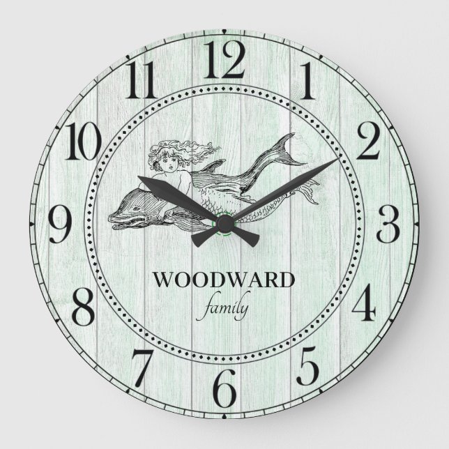 Mermaid Dolphin Aqua Blue Beach House Große Wanduhr (Vorderseite)