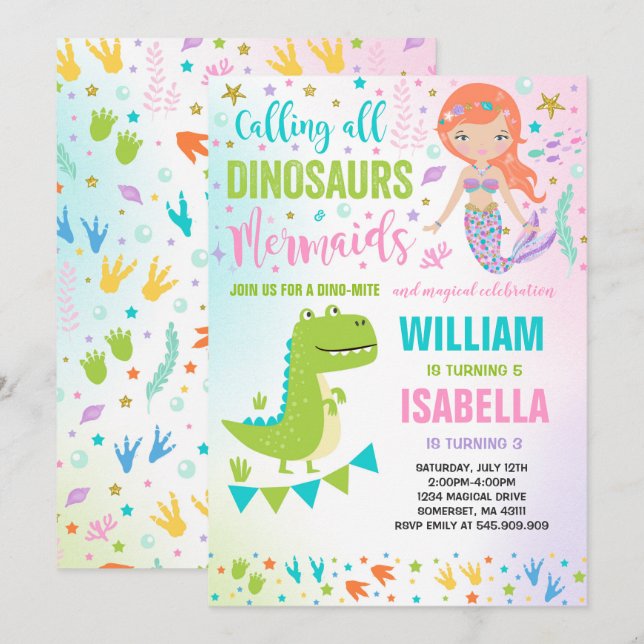 Mermaid Et Dinosaure Anniversaire Invitation Magiq (Devant / Derrière)