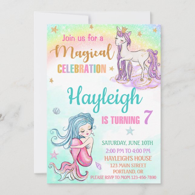 Mermaid et Unicorn invitation anniversaire Fille f (Devant)