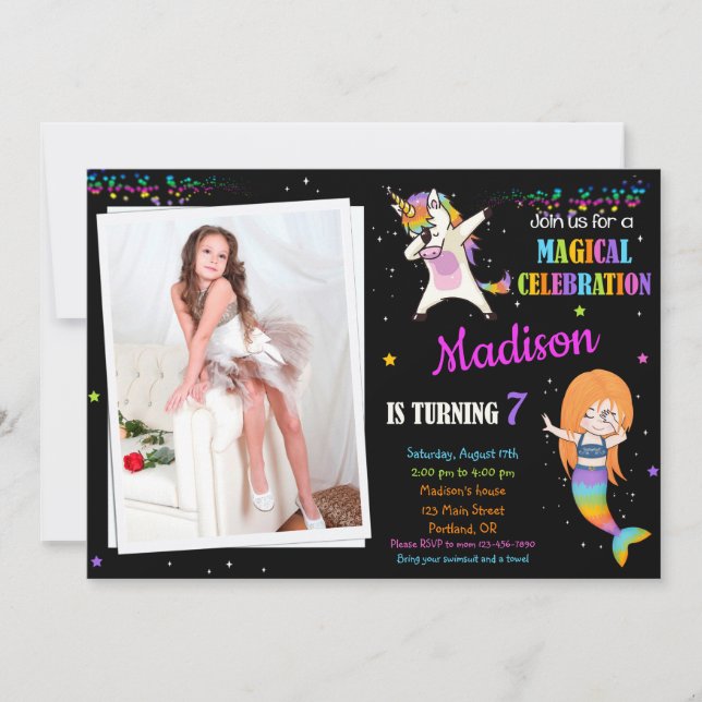 Mermaid et Unicorne invitation anniversaire Dabbin (Devant)