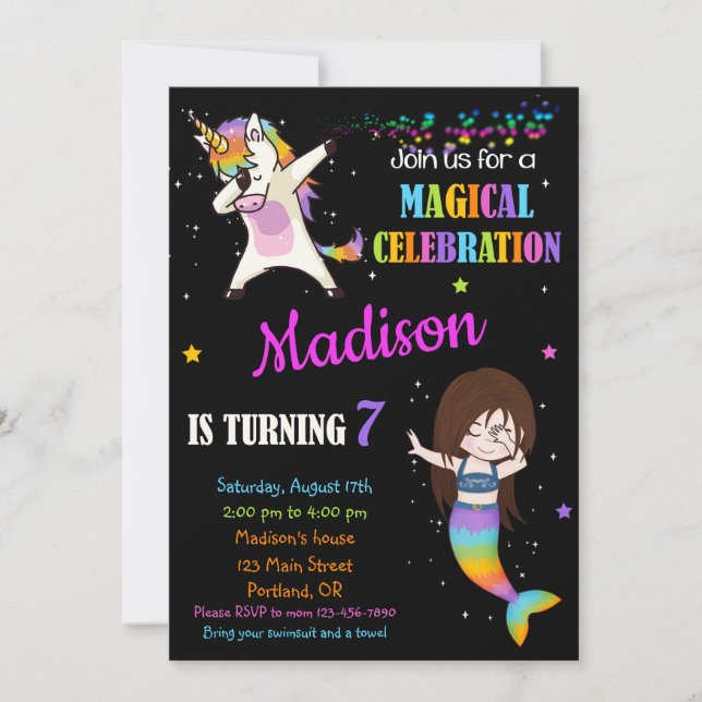 Mermaid et Unicorne invitation anniversaire Dabbin (Devant)
