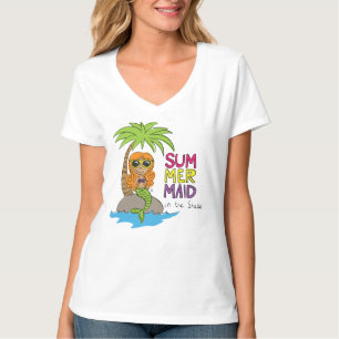 Mermaid été mignonne T-shirt blanc col V féminin
