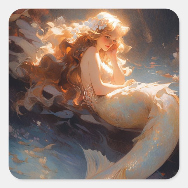 Mermaid Fantasy Art Quadratischer Aufkleber (Vorderseite)