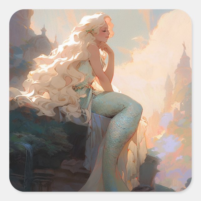 Mermaid Fantasy Art Quadratischer Aufkleber (Vorderseite)