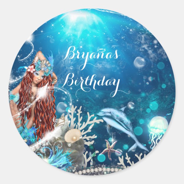 Mermaid Fantasy Red Head Verzaubertes Gastgeschenk Runder Aufkleber (Vorderseite)
