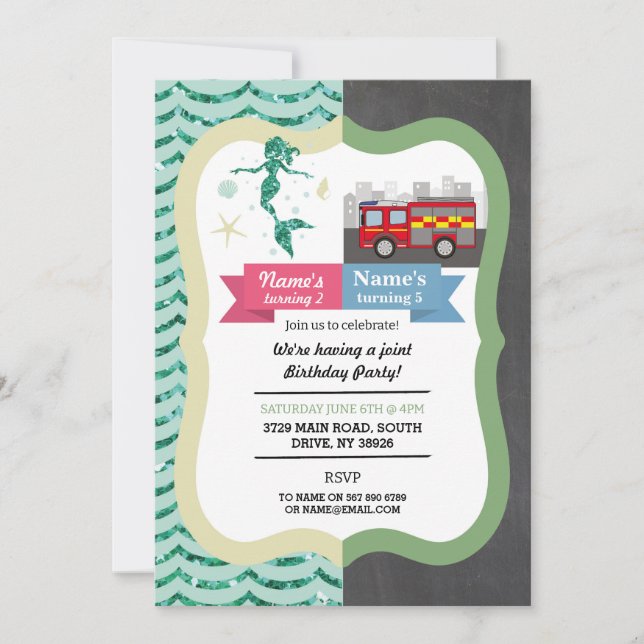 Mermaid & Fire Truck Joint Boy Girl Birthday Einladung (Vorderseite)