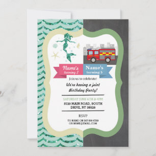 Mermaid & Fire Truck Joint Boy Girl Birthday Einladung