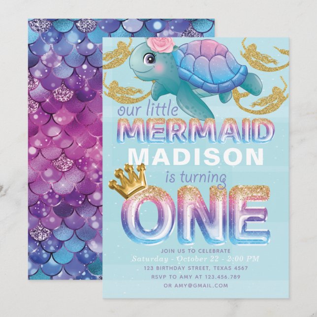 Mermaid First Birthday Pink Blue Gold Glitzer Einladung (Vorne/Hinten)