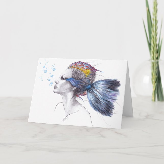 Mermaid Fisch Fantasy Surreal Art Zeichnend Karte (Vorderseite)