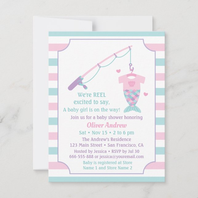 Mermaid Fishing Themed Baby Shower Invitations (Devant)