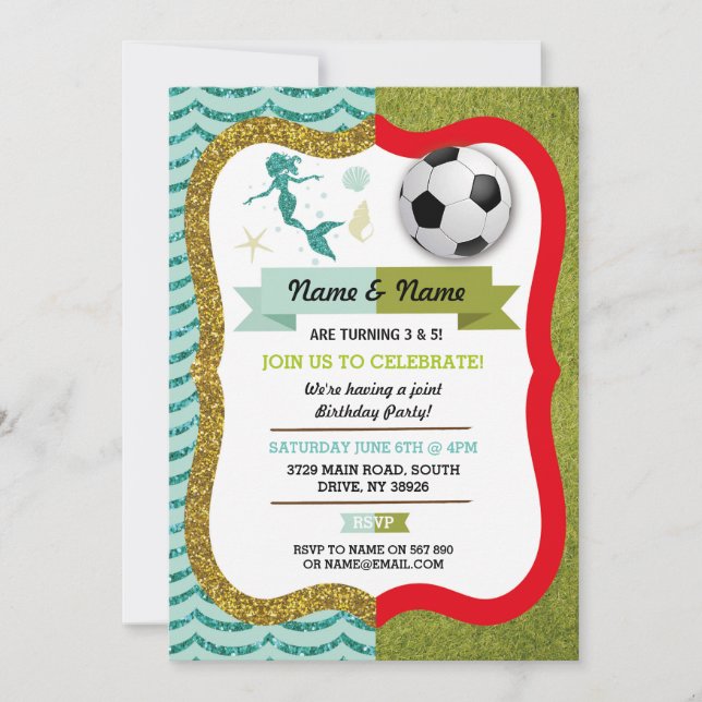 Mermaid & Football Boy Girl Birthday Soccer Einladung (Vorderseite)
