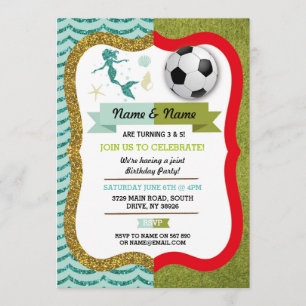 Mermaid & Football Boy Girl Birthday Soccer Einladung